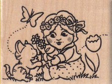 Girl Playing With Kitty Rubber Stamp 3 x 2 1/4", Cute Cat Stamp, Cat Stamp