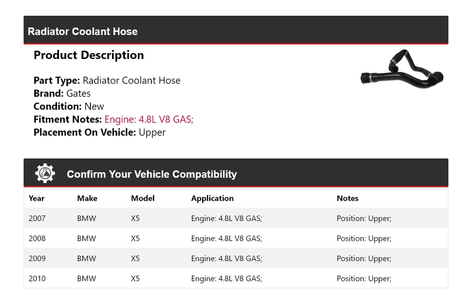 Manguera de refrigerante de radiador de gas para BMW X5 2007-2010 4,8 L V8 2008 2009 Foto 2 de 3
