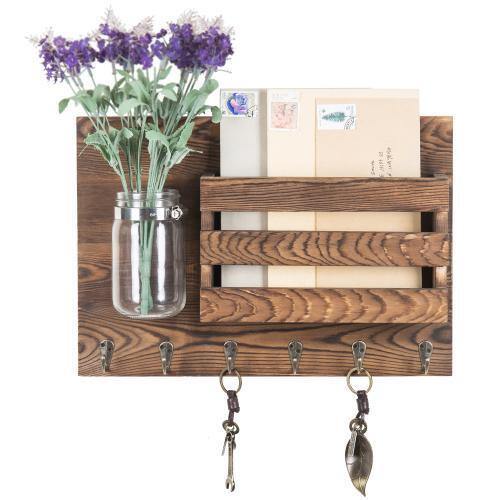 Burnt Wood Key and Mail Holder for Wall Decor with 6 Hooks and Mason Jar Vase - Picture 4 of 7