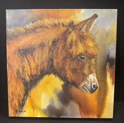 Watercolor Original Painting on Canvas, Donkey Signed by Michaelin PLS.READ/L@@K