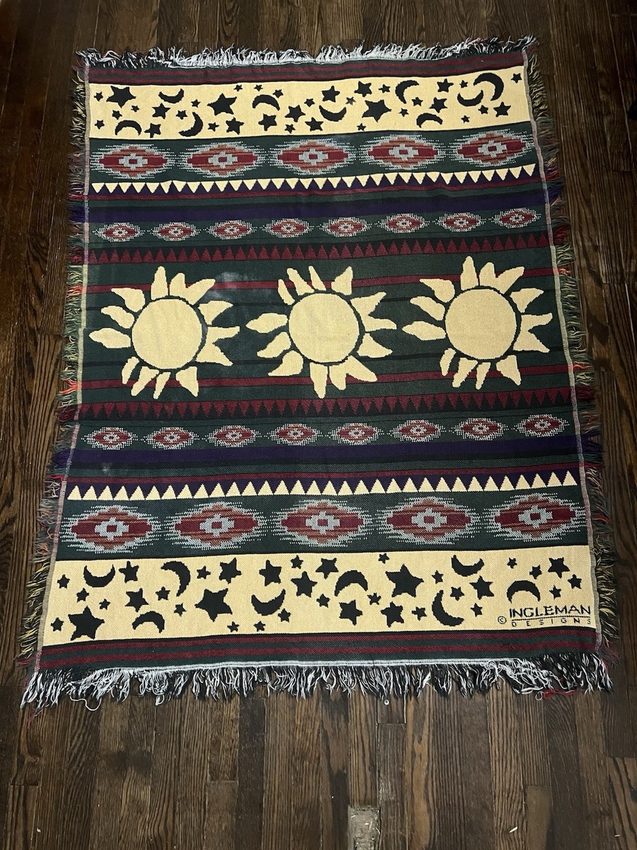 Vtg Aztec Celestial Sun Moon Star Tapestry Throw Blanket Ingleman