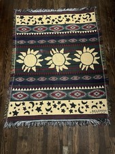Vtg Aztec Celestial Sun Moon Star Tapestry Throw Blanket Ingleman 42”x56”
