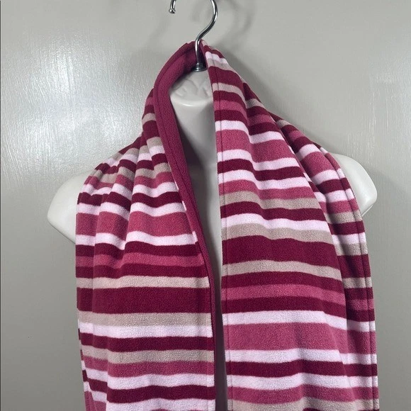 条纹抓绒围巾粉色勃艮第米色冬季配件带条纹 — 第 2/4 张图片