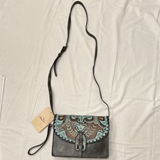 Patricia Nash Tooled Turquoise Crossbody Bag Stitching Buckle Zipper Accent
