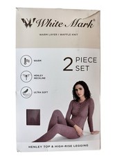 White Mark Women  s 2 Pcs Warm Pajama Set Waffle Knit Thermal Layer L Henley Pant