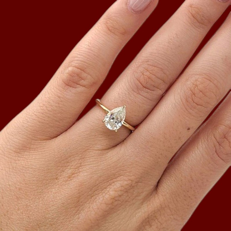 Diamond Ring Wedding Gold Lab Grown 14k Yellow IGI E F VVS Pear Cut 1.25 Carat