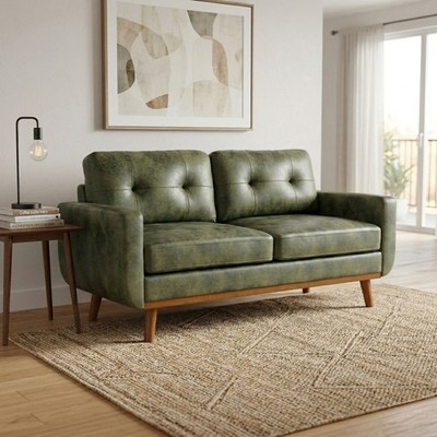 Modern Minimalist Two-Seater Loveseat, Olive Green Polyester, Square Arms
