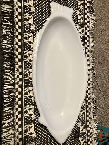 Vintage 18" GLASBAKE MILK GLASS FISH PLATTER Serving Baking Dish Tray #4141
