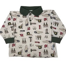 Vintage Healthtex Kids Boys 2T Long Sleeve Polo Shirt Tools Print Green 90s