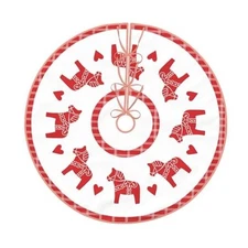 Faux Linen Christmas Tree Skirt Xmas Tree Base 48" Dala Horse Swedish Folk Art