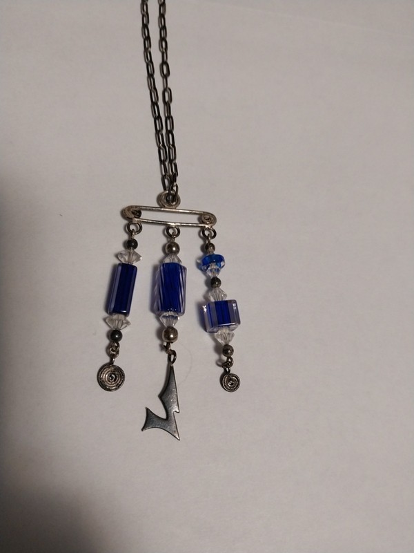 Antique sterling silver Denmark? blue&clear glass drop pendant necklace handmade