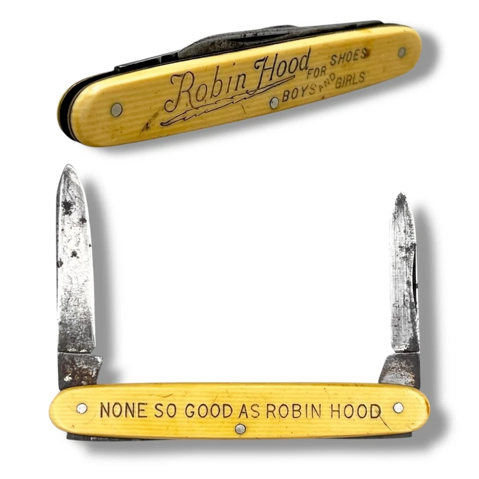 Cuchillo de Bolsillo Zapatos Robin Hood De Colección 2 Hojas Celuloide Mango Publicitario Foto 3 de 4