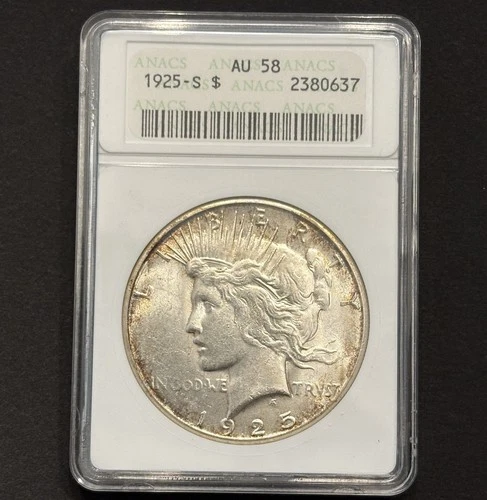1925-S Peace Silver Dollar — ANACS AU58 🔥 Vintage Soapbox Holder — Toned 🌈
