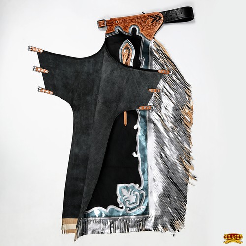 77HS Hilason Handmade Genuine Leather Chaps Adult Handtooled Rodeo Bull Riding - Picture 7 of 7