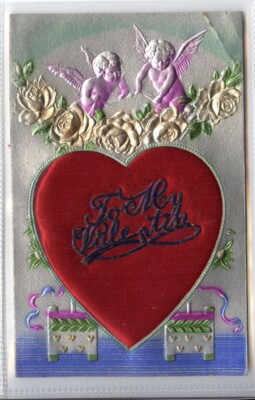 (Gd1016) Valentinskarte, Engel Cherub, gepolsterte Liebesherzen, Blumen um 1910