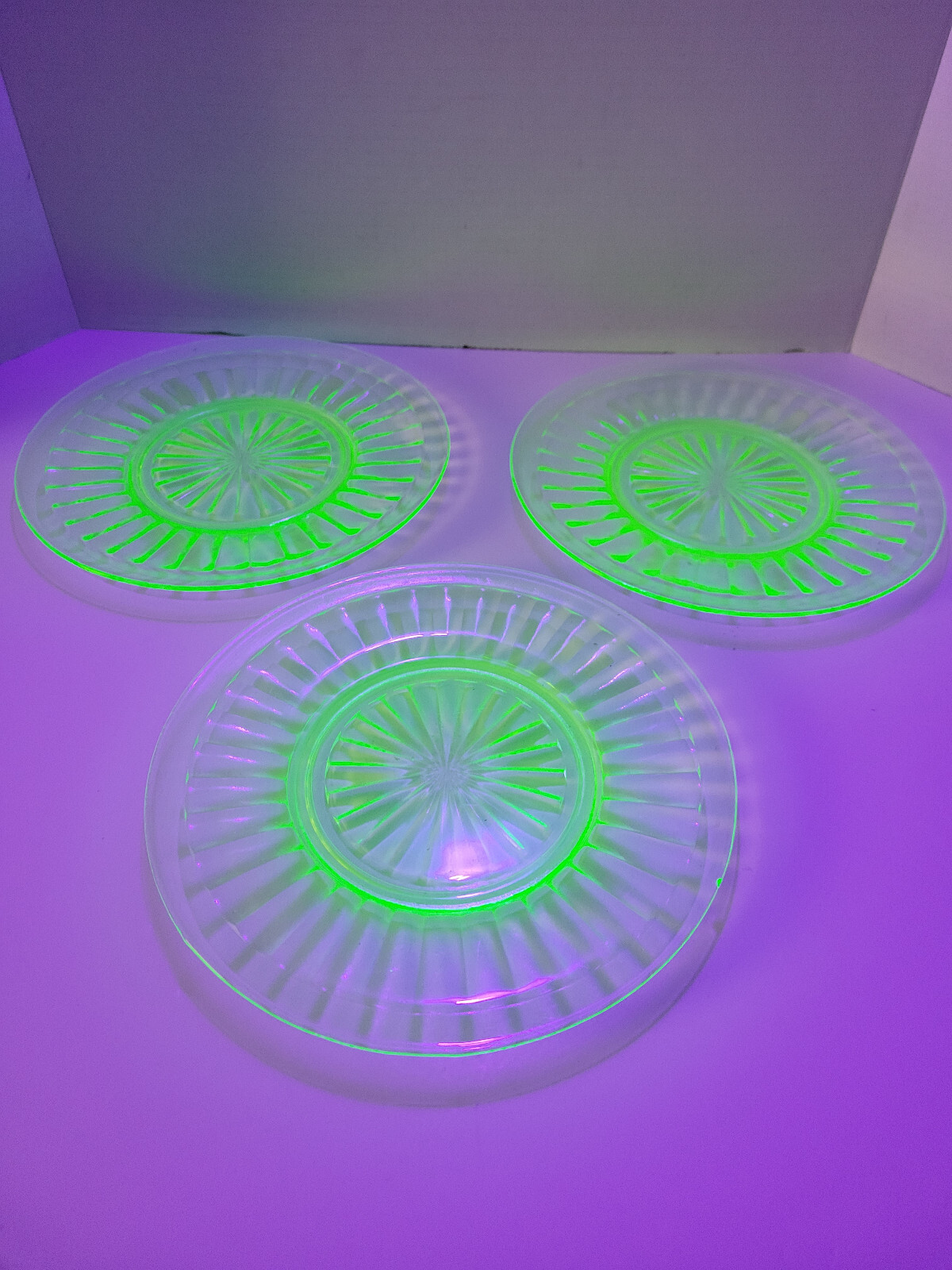 3 - Vintage Depression  Uranium Starburst Glass Salad Plates 8.25