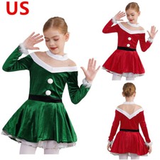 Kids Girls Christmas Costume Ballet Tutu Dress Figure Ice Skating Dance Dress