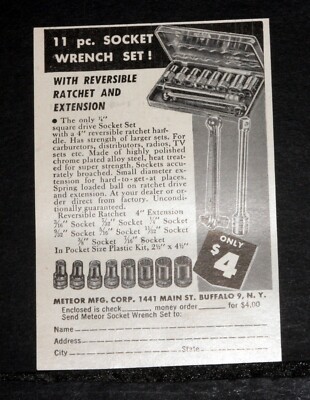 1951 OLD MAGAZINE PRINT AD, METEOR 11 PC. SOCKET WRENCH SET, REVERSIBLE ...