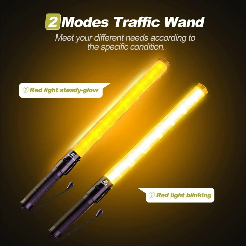2 Pack 21 Inch Traffic Wand, Yellow Led Traffic Control Baton, Night Safety Ligh