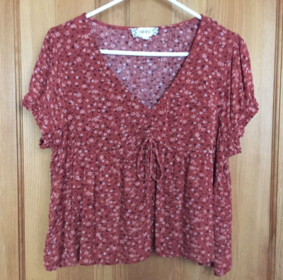 Pink Rose Women's Floral Print Rust Blouse - Size XL - Shorter Cropped Rayon Top