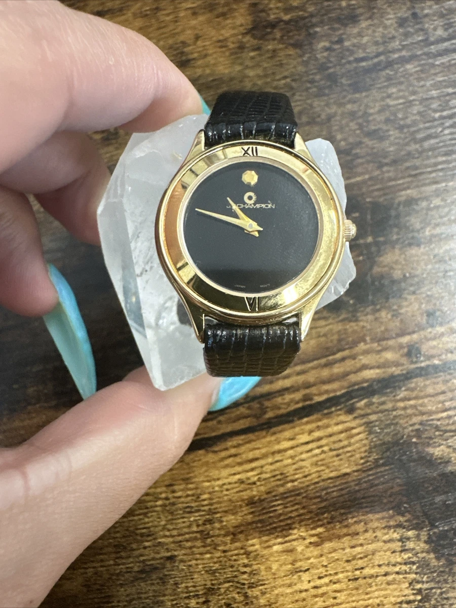 J.B Champion Watch Womens Gold Tone Stainless Steel Black LeatherBand WATCH6077