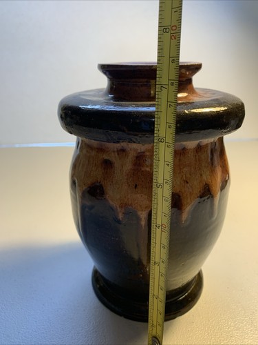 Keramik handgeworfen signiert FRÜHLING Topf mit Deckel glasiert Urne braun mit blauem Farbton - Bild 12 von 13