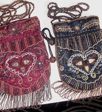 2 Vintage Beaded Drawstring Fringed Blk/Wine X-Body Bags Purse NO BRAND MINT