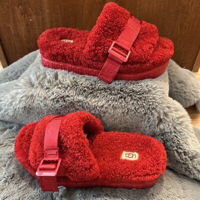 UGG RED FLUFFITA SHEEPSKIN FLUFF SLIDE PLATFORM SANDALS WOMEN US 8/ EUR 39