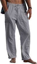 Mens Linen Pants Elastic Waist Drawstring Loose Fit Summer Casual Trousers