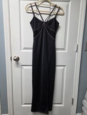 Fashion Nova Women's Long Maxi Dress Black Size Small Spaghetti Straps Lace Trim