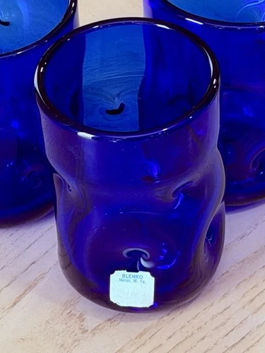 Set (3) VTG Blenko Cobalt Blue Pinched Dimple 4.5” Handblown Art Glass Tumblers