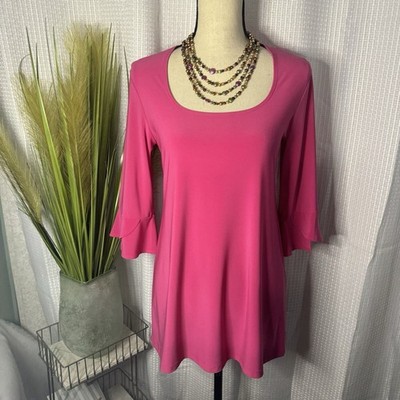 Clara Sun Woo Women s XS Bright Pink Blouse 3/4 Bell Sleeve Tunic Top USA Made