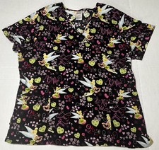 Disney TINKERBELL Womens Scrub Top XL Black Hearts Nurse Vet Cartoon