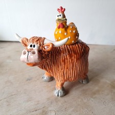 Whimsical Highland Cow and Chicken Ceramic Sculpture. Kath Jamieson Ceramics.