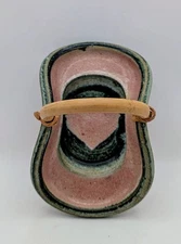 Handmade Studio Pottery Basket Pink Green Glaze w/ Bamboo Handle Signed Douglas