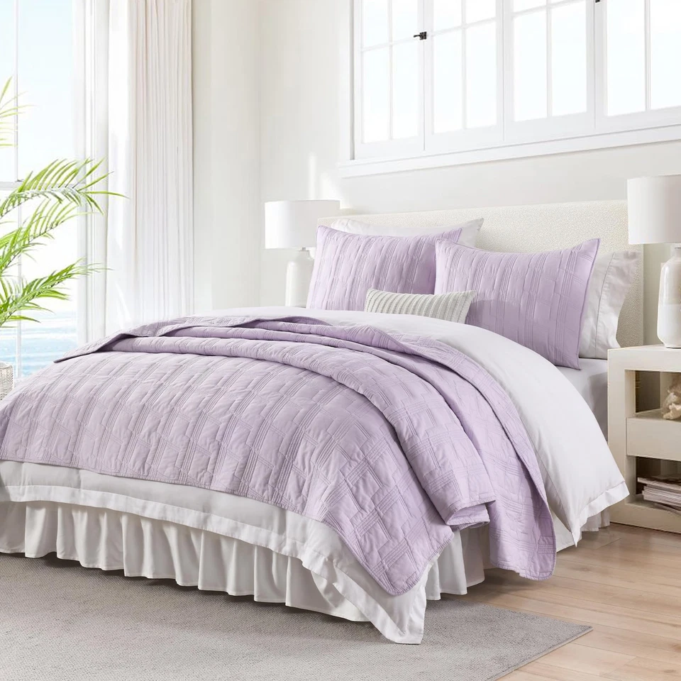 King Size 100% Cotton Quilt Set, Lavender 3-Piece Bedspread with Shams - Image 3 of 4