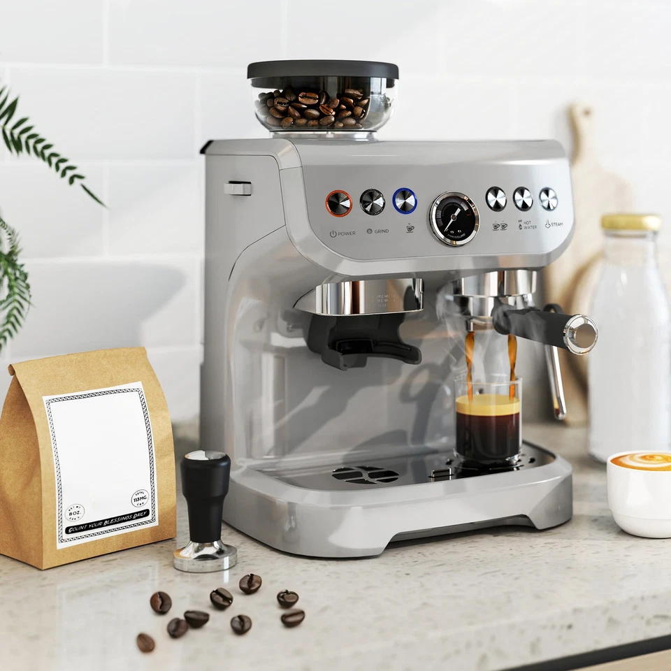 HOMCOM Espresso Machine, Bean Grinder & Steam Wand, 15 Bar Pressure, Silver. - Image 2 of 4