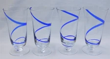 Set Of 4 Pier 1 Blue Swirl 6.5" Footed Iced Tea Glasses 