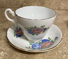 Regency English Bone China England Pink Blue Roses Floral Cup Teacup & Saucer