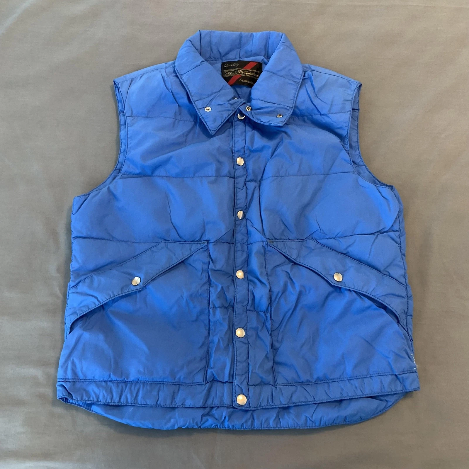 Vintage Sears Puffer Vest Mens Large Blue Quilted Insulated Snap Front