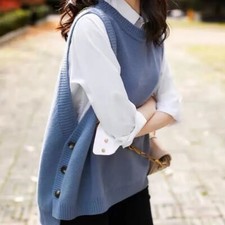 Women Knit Waistcoat Tank Top Sleeveless Sweater Vest Pullover Side Button Gilet