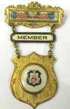 circa 1900 MASONIC MEMBER celluloid on metal fancy medal badge pinback MASONIC ^