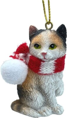 Calico Cat Tabby Kitty Christmas Tree Ornament with Candy Cane Scarf