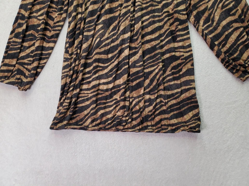 Blusa Top Michael Kors Para Mujer Grande Marrón Negro Estampado Tigre Plisada Cuello Redondo Foto 3 de 4