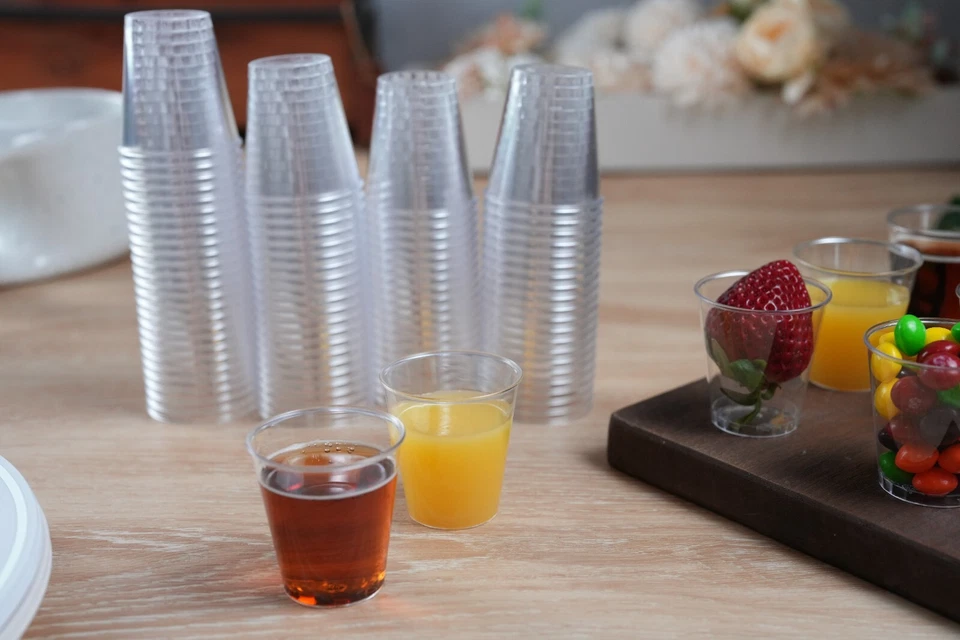 Vasos de chupito desechables de plástico transparente de 1 oz/1,5 oz/2 oz bombardero tirador vino Foto 2 de 4