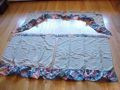 VTG 70s 4 pc  Cafe Curtain Set Tiers & Swags Blue w/Tropical Fish Print Ruffle