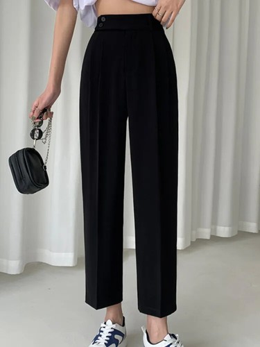 Women's Full Pants Summer Buttons Female Minimalism Straight Trousers - Picture 14 of 18