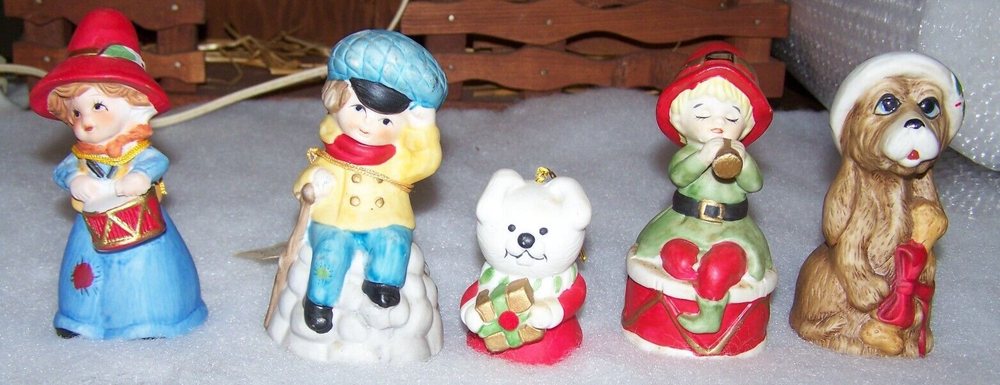 Vintage Set of 5 Jasco  Merri-Bells Fine Bisque Porcelain Figurine Bells