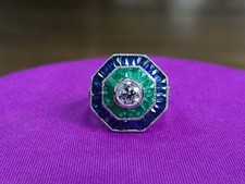 Hexagon Halo Style Simulated 3.12 TCW Emerald  Sapphire Women's Wedding Ring