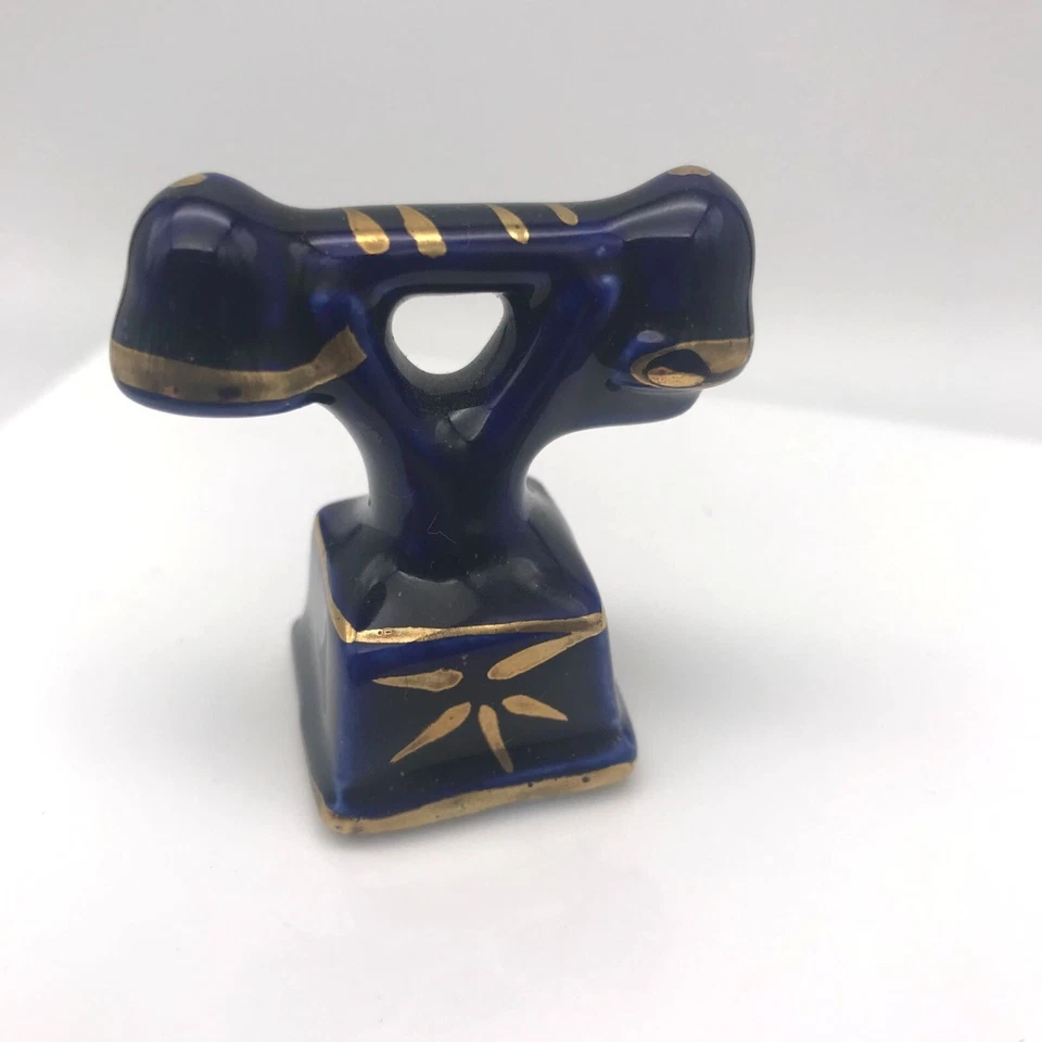 Teléfono Enesco Miniatura Hueso China, Vintage Azul Cobalto Cuna Teléfono Dorado Foto 2 de 4